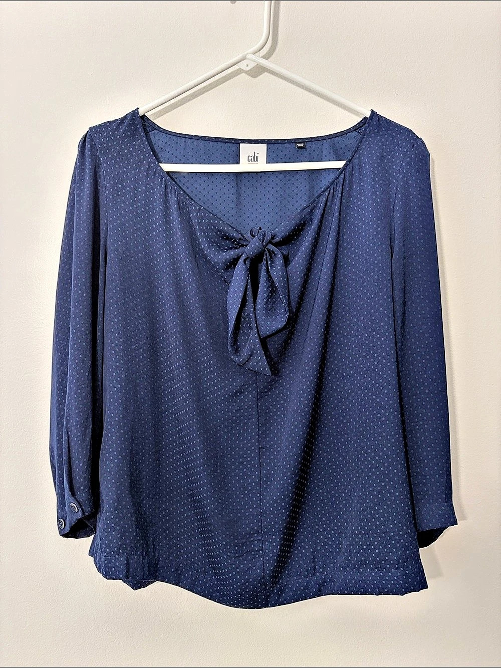 cabi Polka Dot Tie-Front Blouse in Blue Size Medium